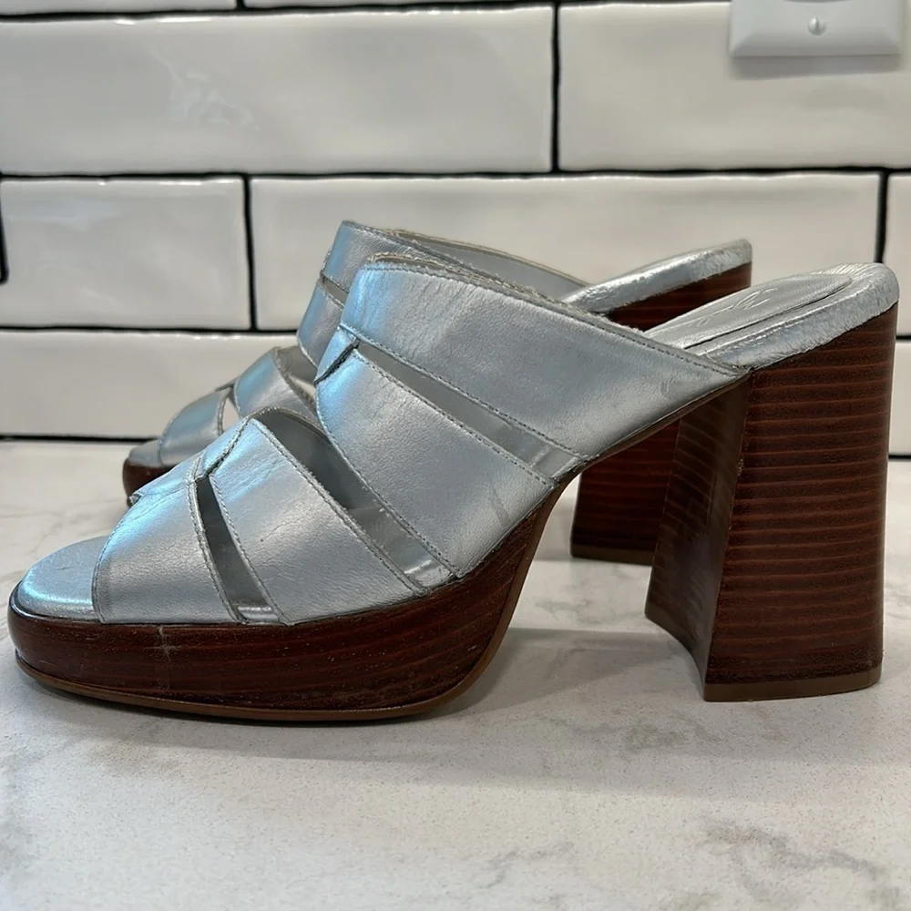 Zodiac Hype Leather Wood Platform Silver Metallic Retro Stacked Heels Size 9